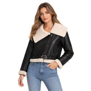 Fashion Nova Faux‎ Leather Sherpa Aviator Moto Jacket Belted Black S 🔥SALE🔥